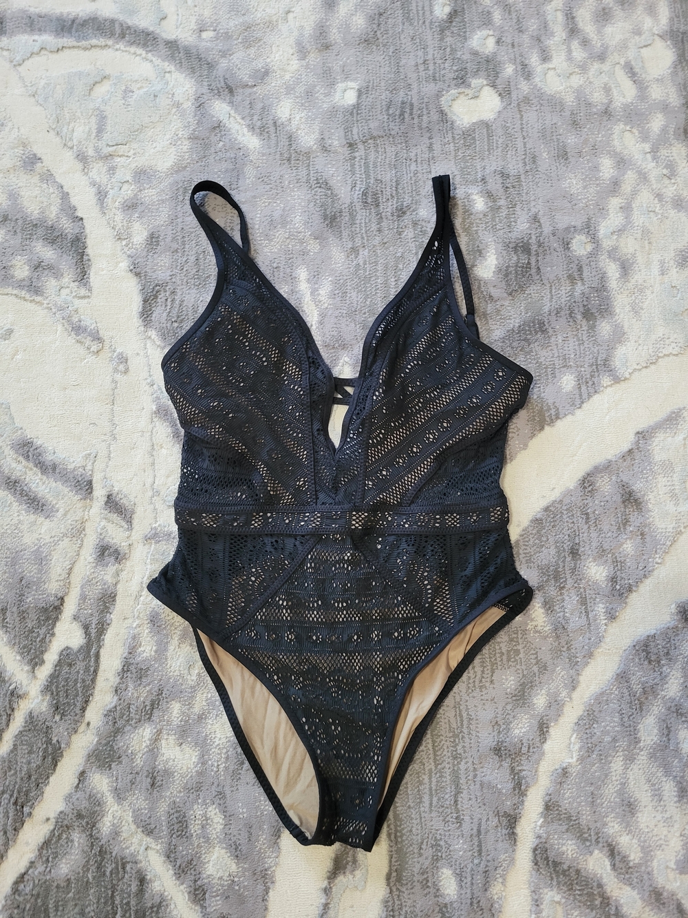 BECCA Black Trim Nude-Tan Swimsuit Interior Detail Size L